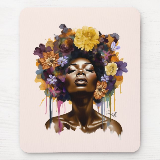 Mousepad Mulher afro-americana com cabelo afro floral (3) (Frente)