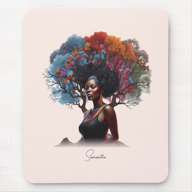 Mousepad Mulher afro-americana com cabelo estragado em árvo (Frente)