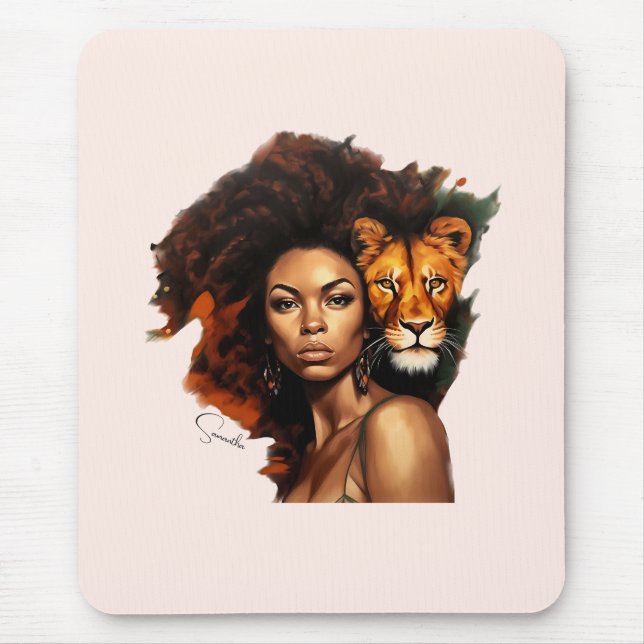 Mousepad Mulher afro-americana com Leão majestoso (Frente)
