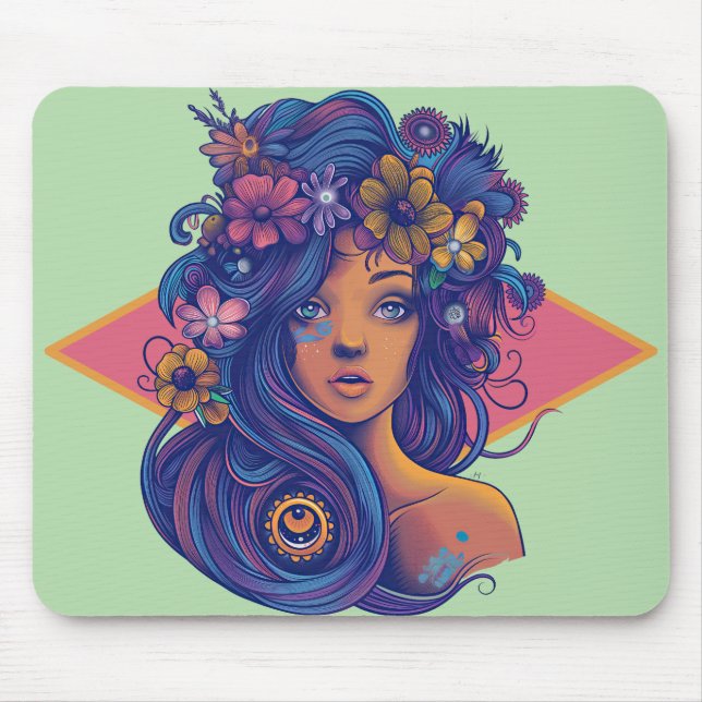 Mousepad Mulher Boho Fantasy com Cabelo Floral (Frente)