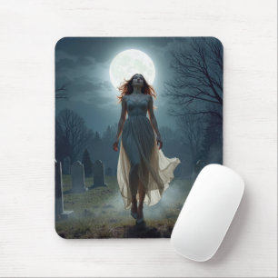 Mousepad Mulher Bonita Caminhando em um Cemitério Iluminado