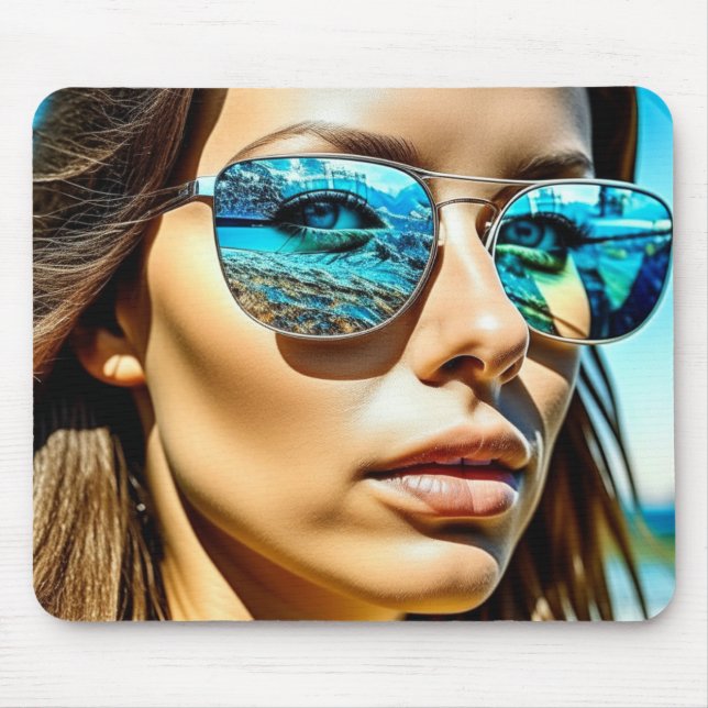 Mousepad Mulher bonito com Reflexão de Óculos de Sol de Pra (Frente)