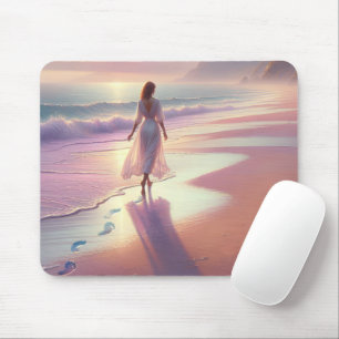 Mousepad Mulher bonito deixando pegadas em uma praia