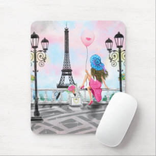 Mousepad Mulher bonito e Balão de Coração Rosa - Eu Amo 