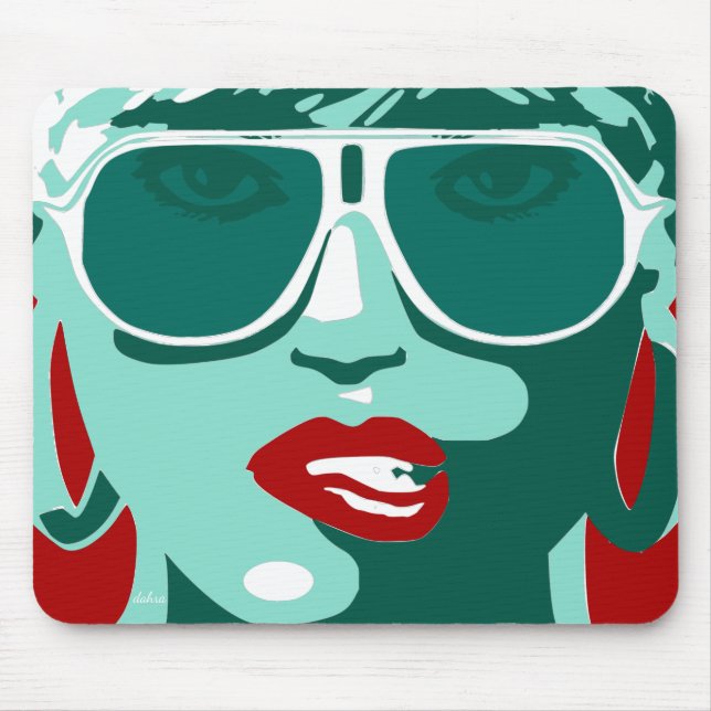 Mousepad Mulher Bonito Pop Verde Óculos escuros Lábios verm (Frente)