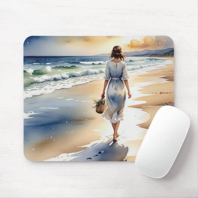 Mousepad Mulher caminhando na praia com uma cesta de flores (Com mouse)