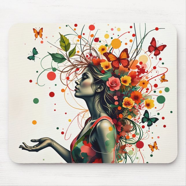 Mousepad Mulher com borboletas e flores (Frente)