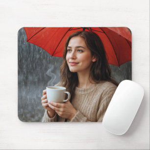 Mousepad Mulher com taça quente de café sob guarda-chuva ve