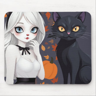 Mousepad Mulher de anime com gato preto.