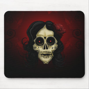 Mousepad Mulher de Crânio de Açúcar Gótico Rosa Vermelha Di