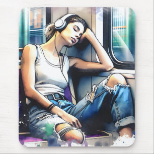 Mousepad Mulher dormindo no metrô ouvindo música