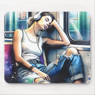 Mousepad Mulher Dormindo no Metrô Ouvindo Música