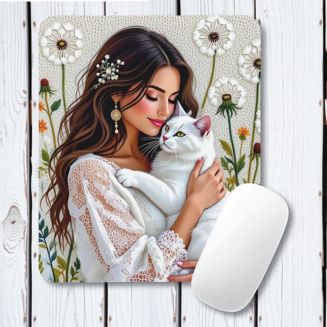 Mousepad Mulher e Gato Branco e Dandelions  (Criador carregado)