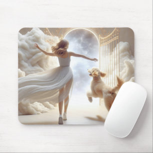 Mousepad Mulher e Goldendoodle na Porta do Céu