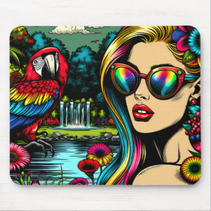 Mousepad Mulher e Papagaio no Parque Pop Art
