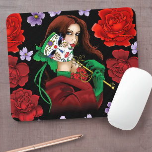 Mousepad Mulher Elegante Máscara Veneziana Vermelho Verde