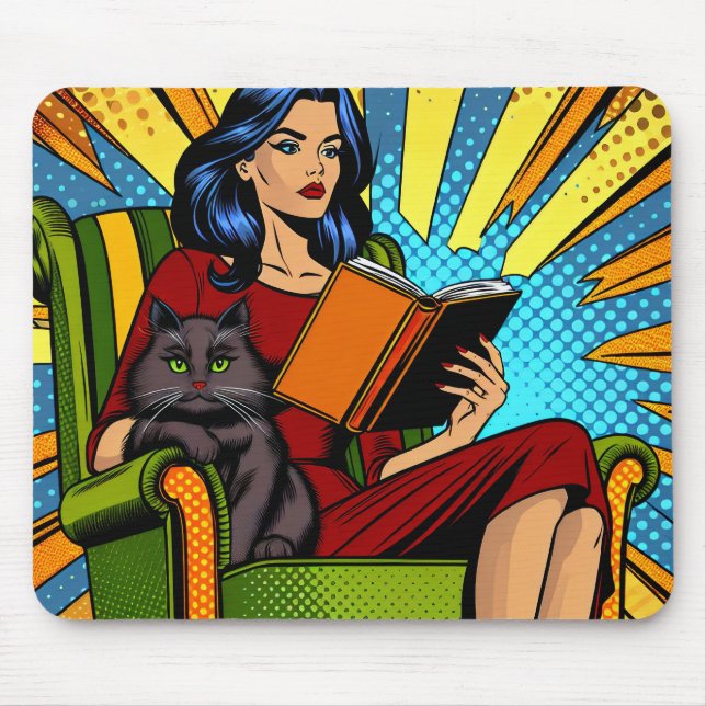 Mousepad Mulher em estilo pop art de quadrinhos lendo e gat (Frente)
