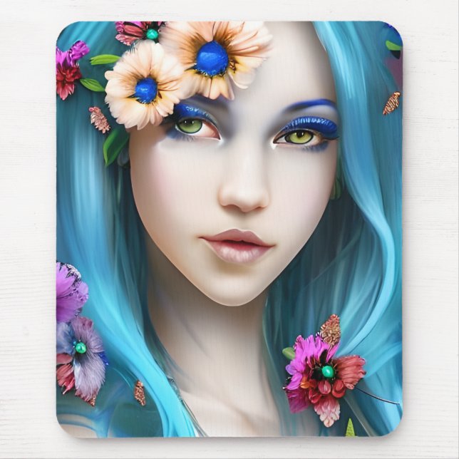 Mousepad Mulher etérea com flores em seu cabelo azul (Frente)