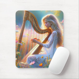 Mousepad Mulher jogando harpa em flores silvestres