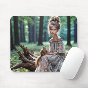 Mousepad Mulher Jovem Com Esquilo Florestal