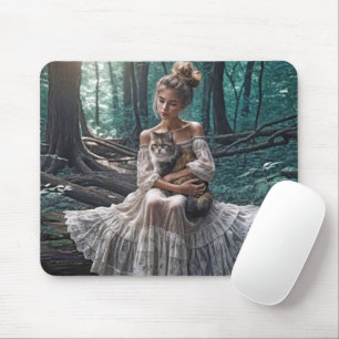 Mousepad Mulher jovem em bosque com gato