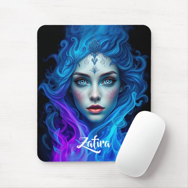 Mousepad Mulher Misteriosa Emergindo de Chamas Azuis e Roxa (Com mouse)