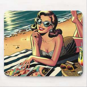 Mousepad Mulher retrô na praia lendo uma revista de moda