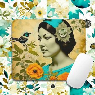 Mousepad Mulher Vintage Bonita com Pássaro e Flores