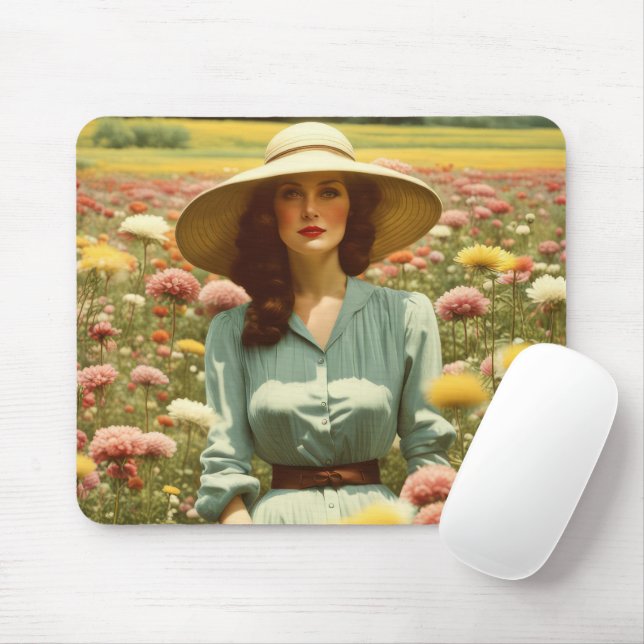 Mousepad Mulher Vintage Em Campo Flor (Com mouse)