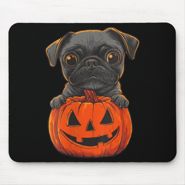 Mousepad Mulheres Pug Preto Fofo Abóbora Jack O Lantern (Frente)