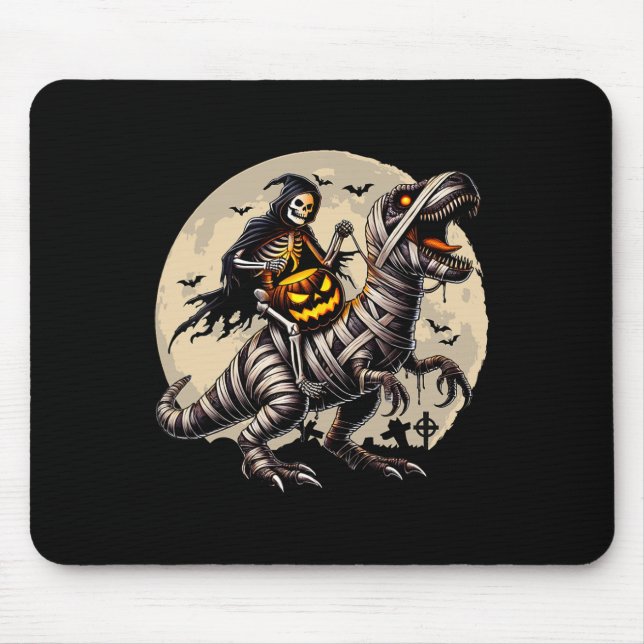 Mousepad Múmia de Esqueleto Montando Dinossauro T Rex Abóbo (Frente)