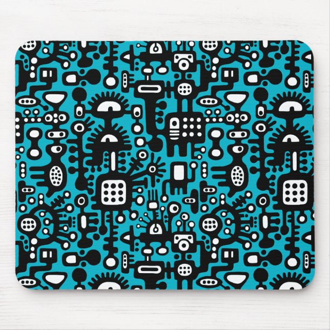Mousepad Mundo Mecanoide - Preto e Branco com Azul-Aqua (Frente)