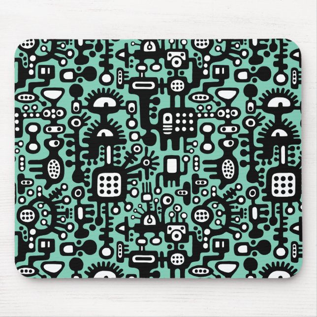 Mousepad Mundo Mecanóide - Preto e Branco com Verde Claro (Frente)