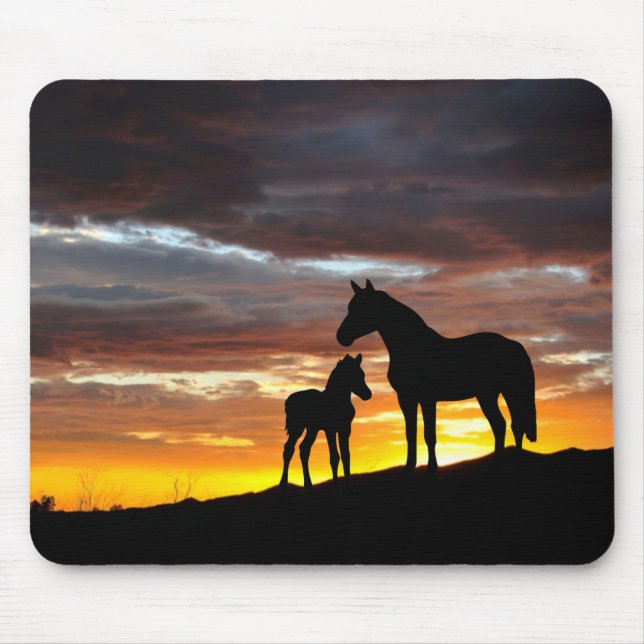 Mousepad Mustang Mare e Foal Silhuette com Sunset (Frente)