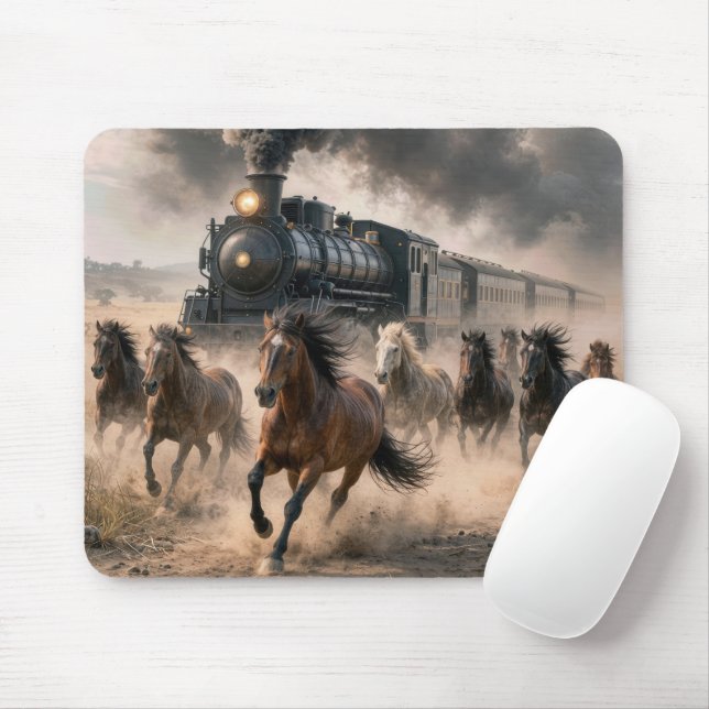 Mousepad Mustangs Selvagens Correndo ao Lado de Trem Antigo (Com mouse)