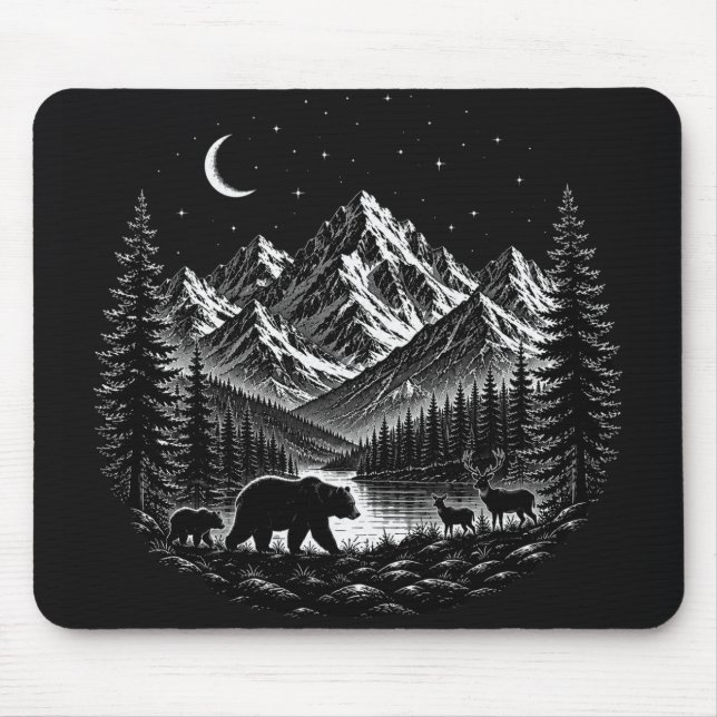 Mousepad Mystic Mountain Wilderness Night Estilo Linocut (Frente)