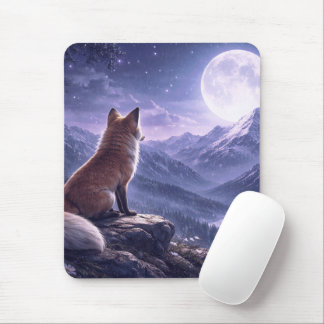 Mousepad Mystical Fox & Giant Moon Snowy Mountain Peaks