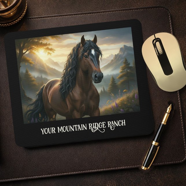 Mousepad Mystical Horse Custom Name Mountain Ranch  (Equestrian mouse pad featuring a unique painting of a horse in a mountain landscape at sunset)