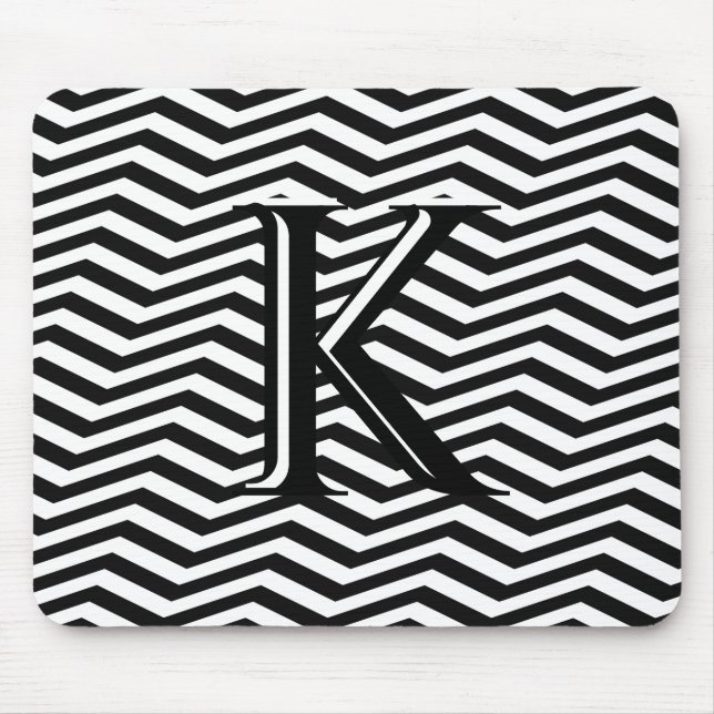 Mousepad Na moda Black White Chevron Stripe Monograma Perso (Frente)