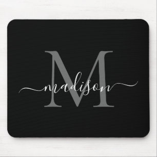 Mousepad Na moda Black White Monograma Script Simples Moder