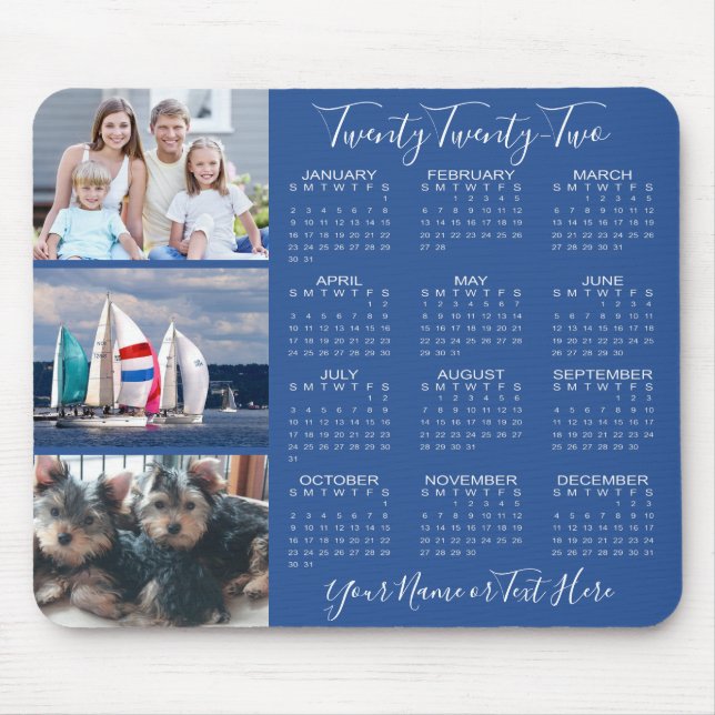 Mousepad na moda de Script de Calendário de Foto 2022 Azul (Frente)