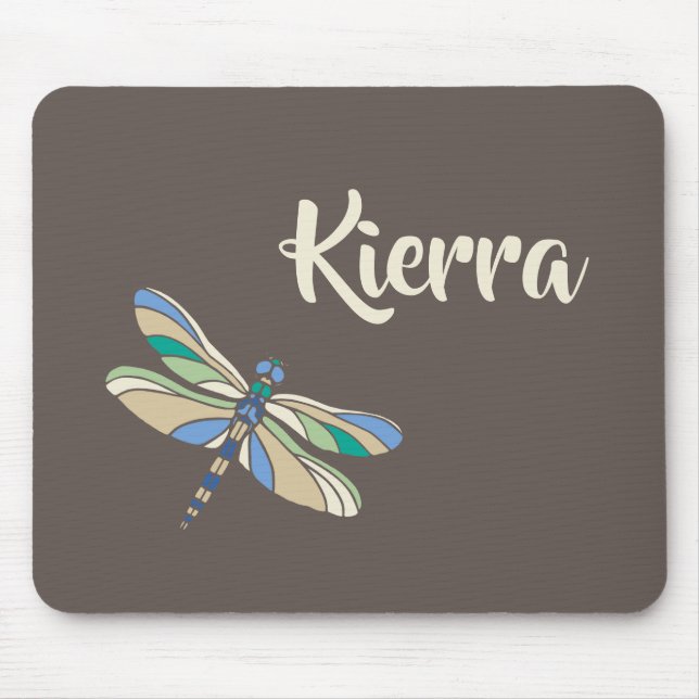 Mousepad Na moda Dragonfly em castanho e azul com nome (Frente)