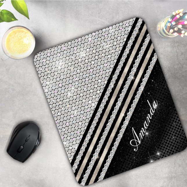 Mousepad Na moda faux Crystal prata e Black Personalizado (Criador carregado)