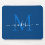 Mousepad Na moda Marinho Azul, Branco, Monograma, Script Mo<br><div class="desc">Marinho na moda Azul Monograma Branco Script Simples de Mouse Moderno Simples</div>