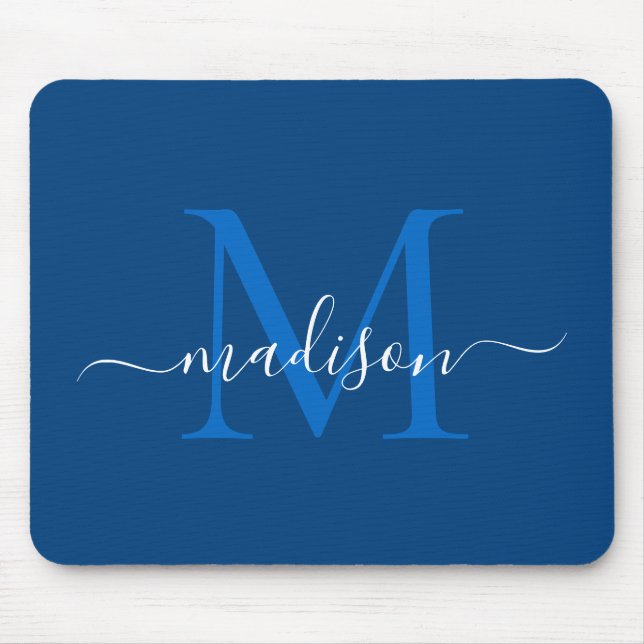 Mousepad Na moda Marinho Azul, Branco, Monograma, Script Mo (Frente)