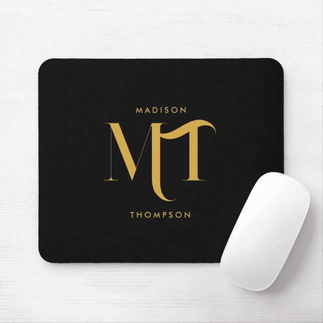 Mousepad Na moda preto e Dourado Monograma - Letras iniciai (Com mouse)