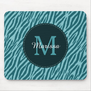 Mousepad Na moda Teal Zebra Impressa com Monograma e Nome