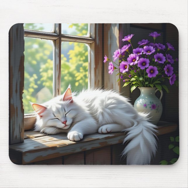 Mousepad Napping White Cat and Purple Flowers  (Frente)