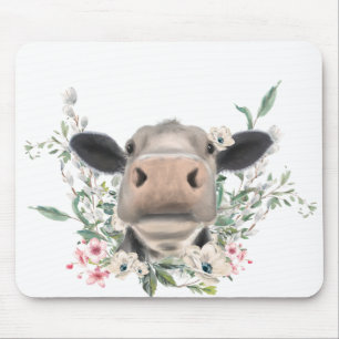 Mousepad nariz de vaca beijo flores aquarela cinza animal f