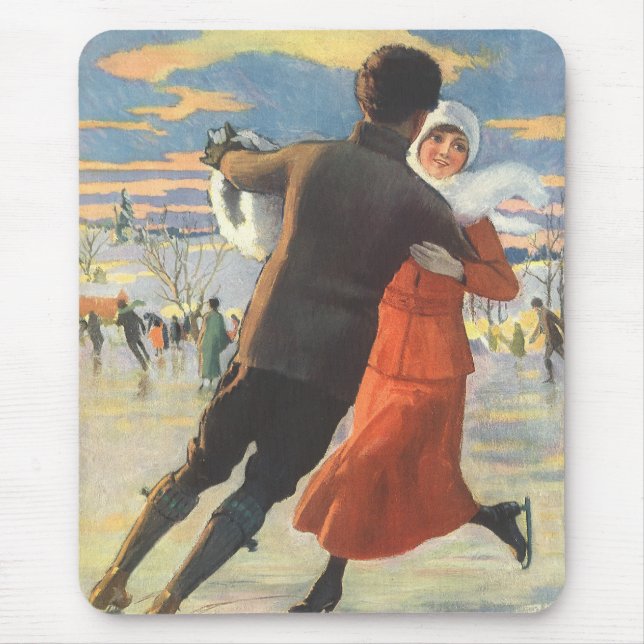 Mousepad Natais vintages, Casal Romântico, Ice Skating (Frente)
